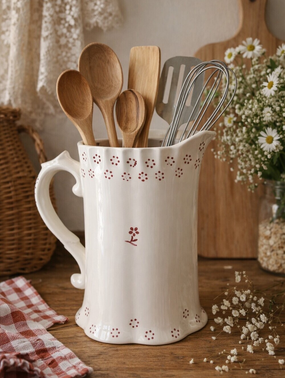 White Ceramic Pitcher with Red Dot Floral Accent